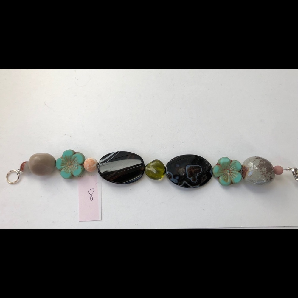 Bracelet w tan & black beads & aqua flowers (#8)